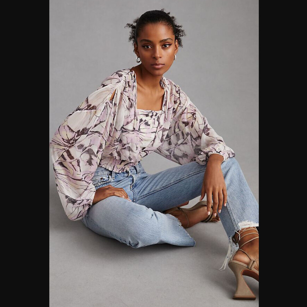 Anthropologie Sheer Peasant V-Neck Top - New - Large